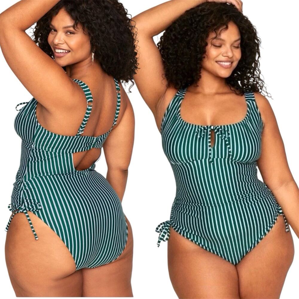 Adore Me NWT Natasha Green Blue Seersucker Keyhole Swimsuit - Plus Size 0X